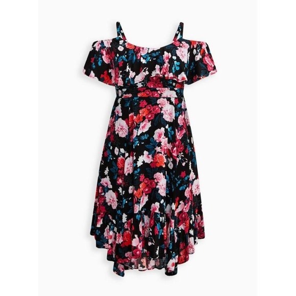 ✨Torrid Floral Print Cold Shoulder Ruffle High Low Midi Dress Plus Size 6 6x - Picture 3 of 6